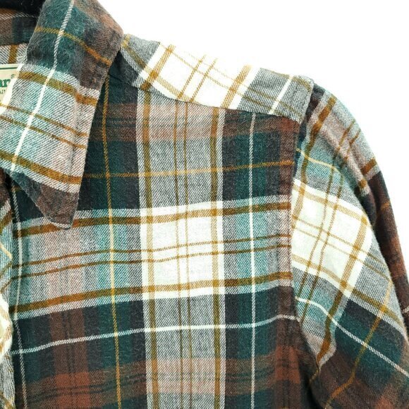 VTG L.L. Bean 100% Cotton Plaid Flannel Button Shirt S/M Cream/Green/Brown - Picture 6 of 16